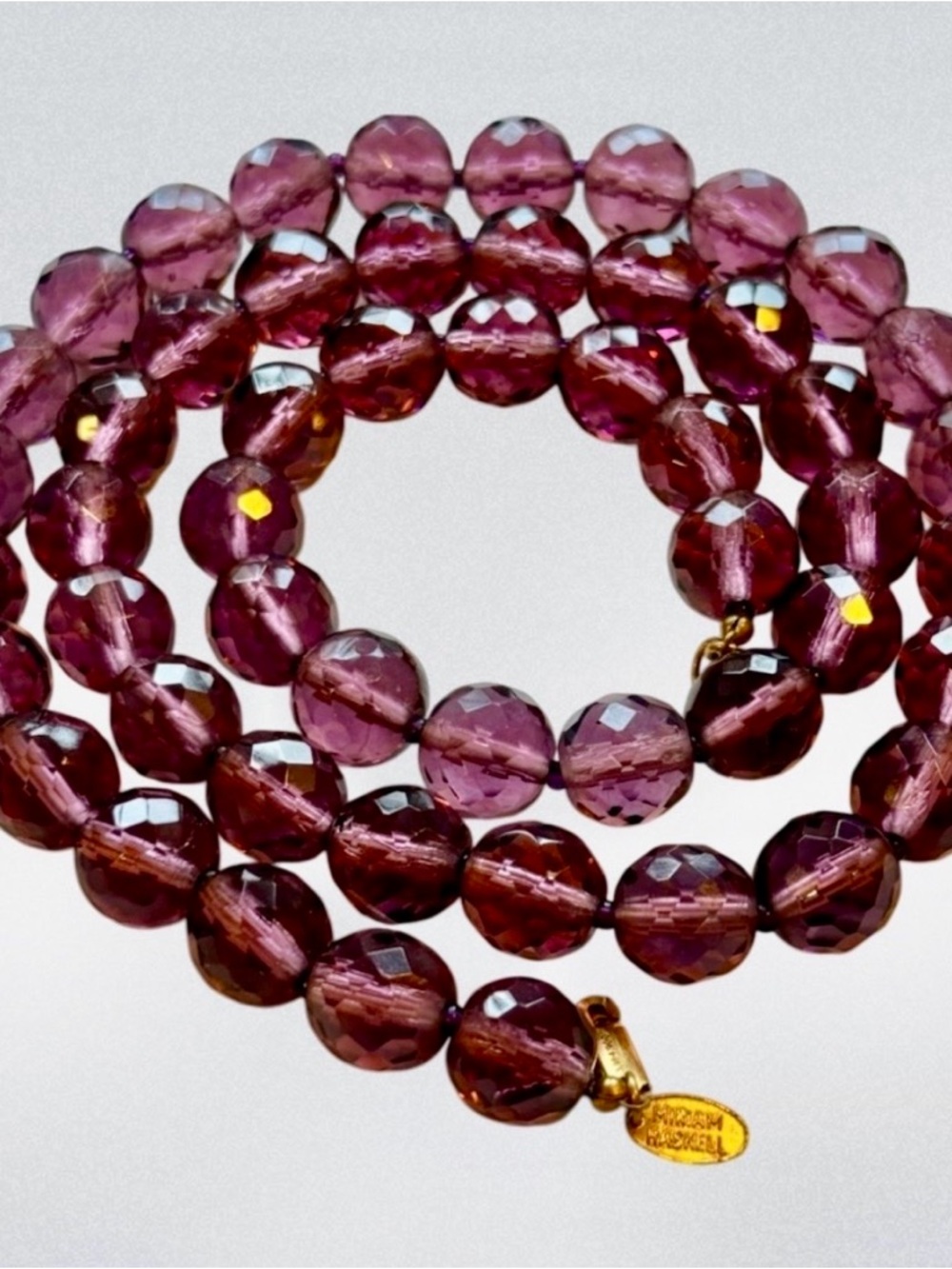 Vintage Miriam Haskell Signed Amethyst Faceted Crystal Bead Necklace 30”, 170g